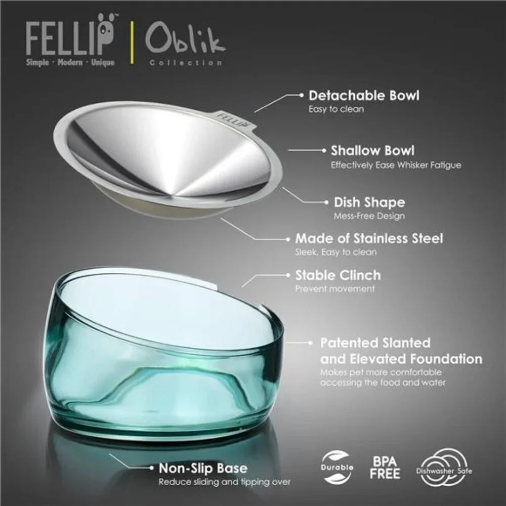 Elevated Cat Bowls Whisker Fatigue Stainless Steel Shallow Dish, Tilted